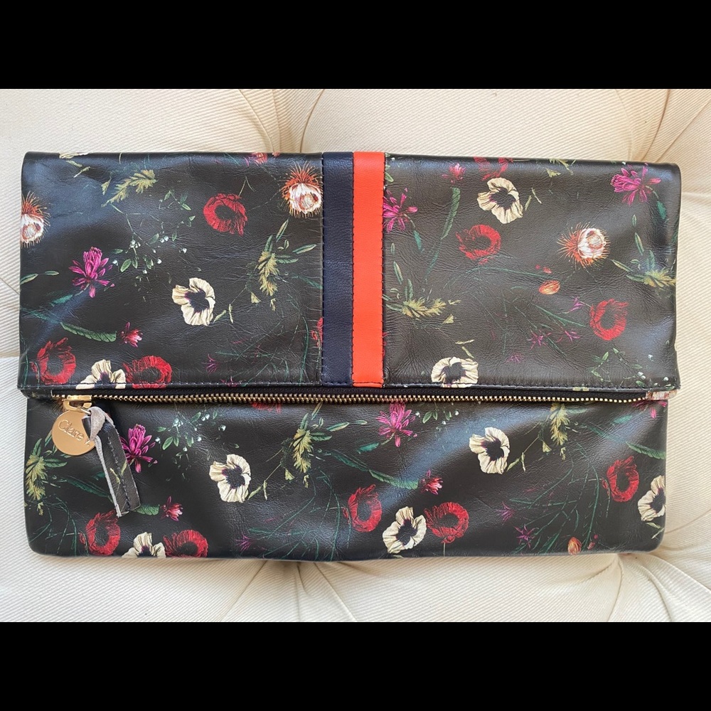Clare V. Floral & Stripe Leather Zip Large Clutch